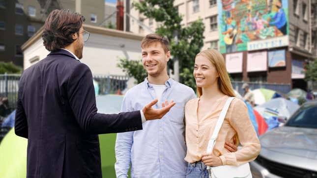 Image for article titled San Francisco Realtor Shows Couple Earning Under 6-Figure Salary Around Neighborhood’s Best Tent City