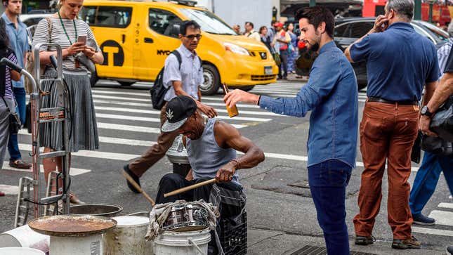 Image for article titled Drunk Man On Street Corner Begging To Be Bucket Drummer’s Manager