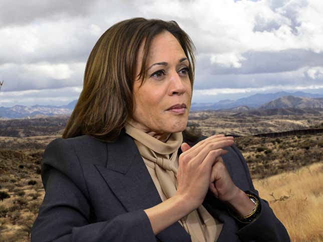 Image for article titled Kamala Harris Stands At Border Punching Empty Palm With Fist