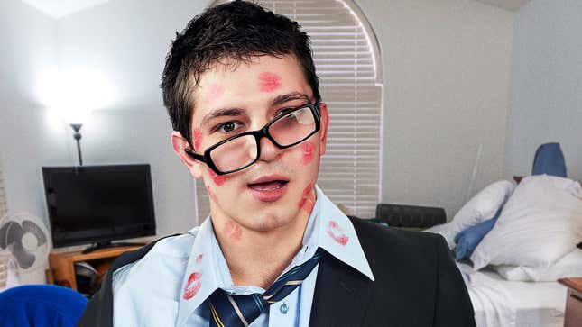 Image for article titled Study Finds Sexual Satisfaction Highest Among Nerds Covered In Lipstick Marks With Glasses Askew