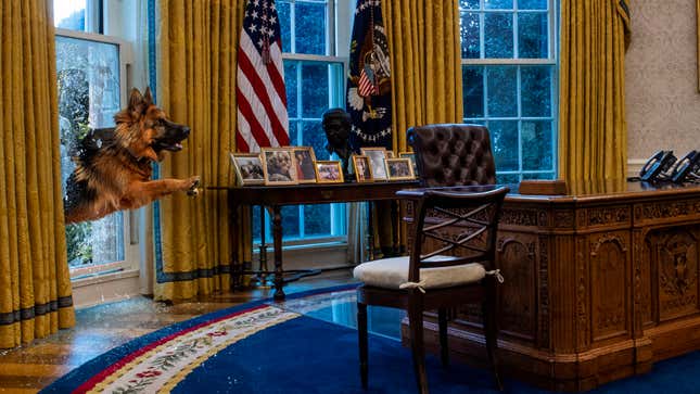 Image for article titled White House Staff Panicking After Unstoppable Commander Biden Bursts Through Oval Office Window