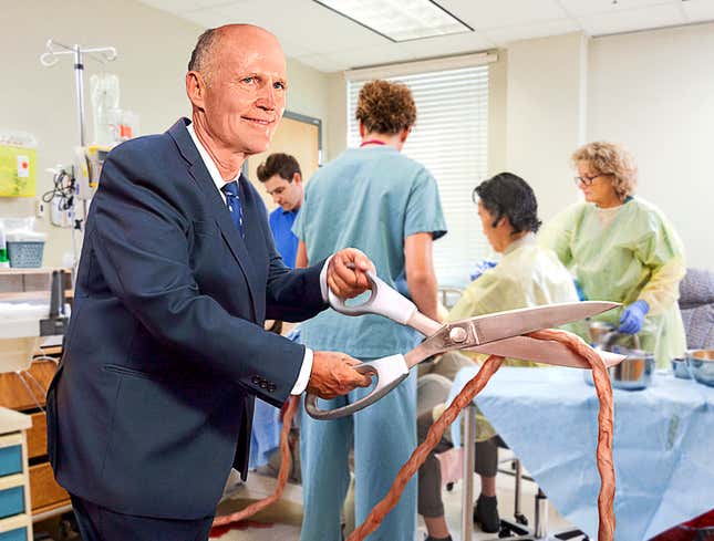 Image for article titled Rick Scott Celebrates Abortion Ban By Cutting Umbilical Cord Of Woman Forced To Carry Baby To Term